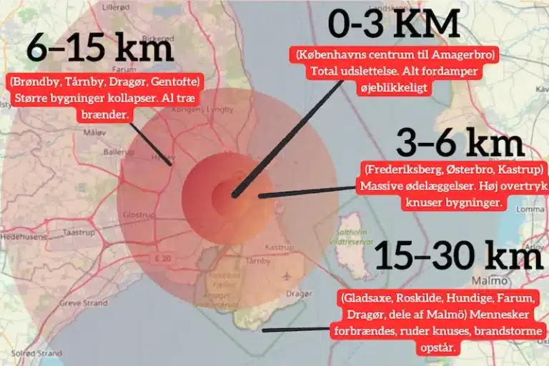 Infografik over ødelæggelserne verdens største atombombe ville medføre i København