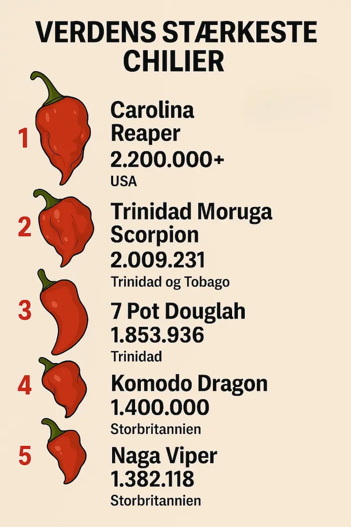 Infografik over de 5 stærkeste chilier i verden
