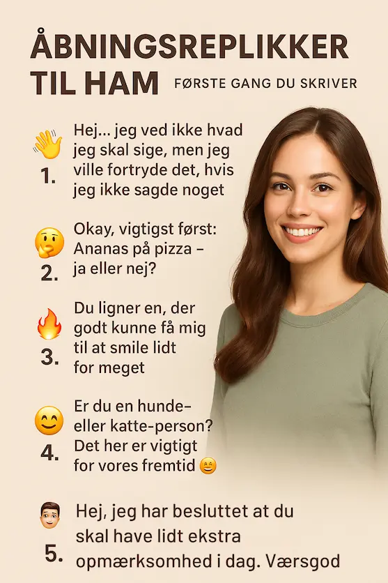 Infografik over åbningsreplikker man kan skrive til sin flirt