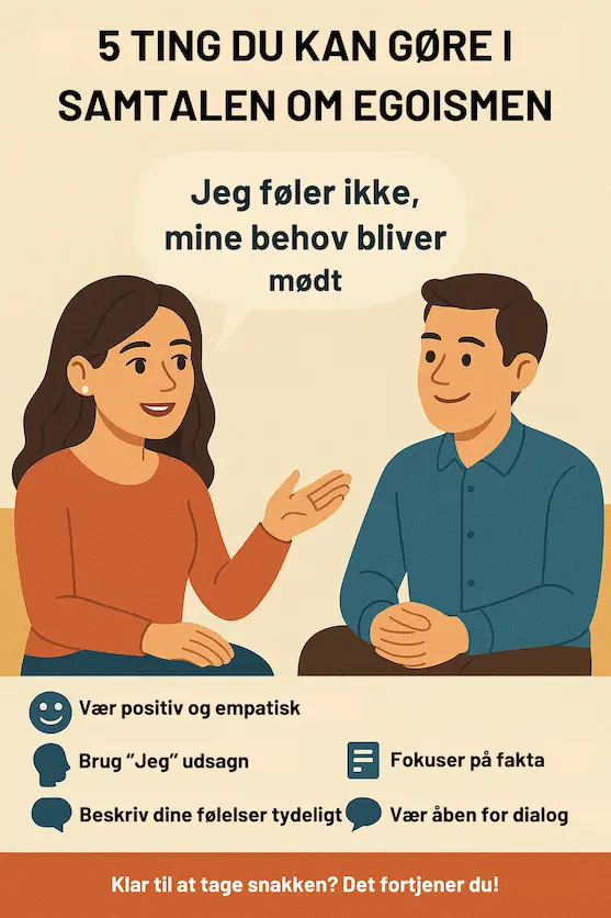 Infografik over 5 ting man kan gøre i samtalen når man taler med mand der tænker på sig selv