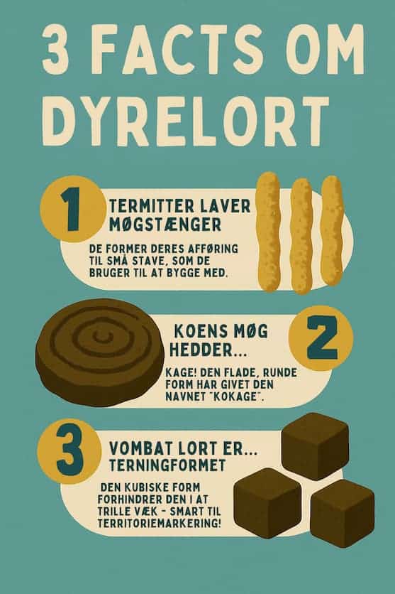 Infografik om 3 sjove faktaer om dyrelort. Bl.a. at en vombats lort er firkantet