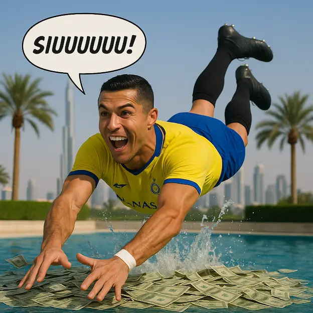 Billede der viser ronaldo i en pool med mange penge