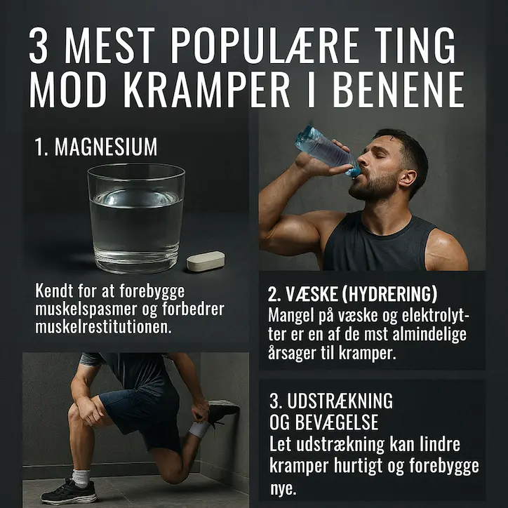 Infografik over de 3 mest populære råd mod kramper i benene