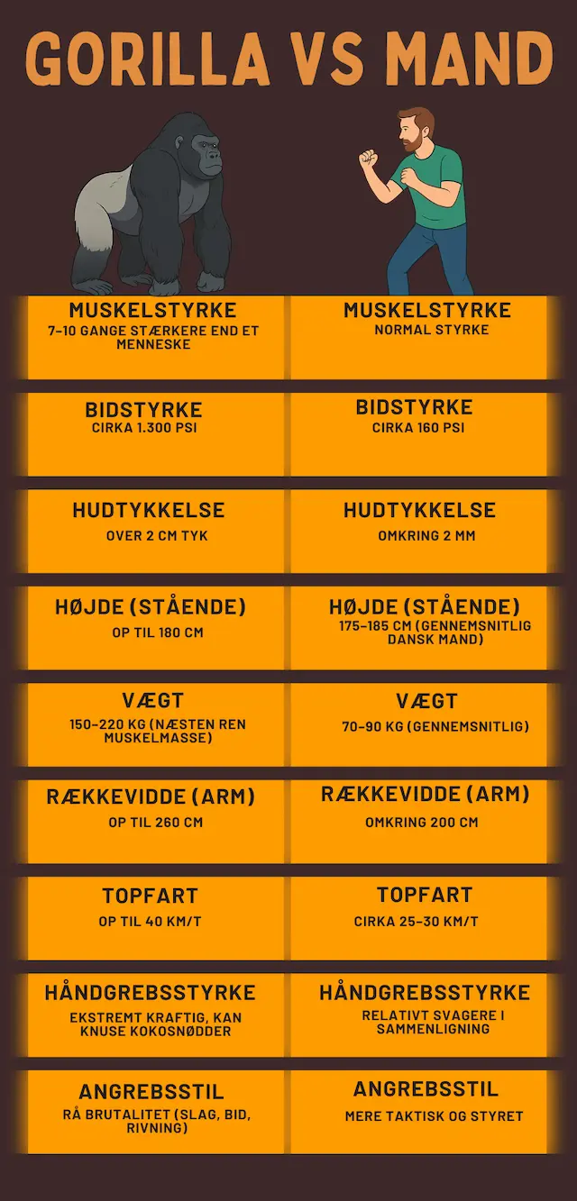Infografik om gorilla mod 100 mænd med styrker over for hinanden