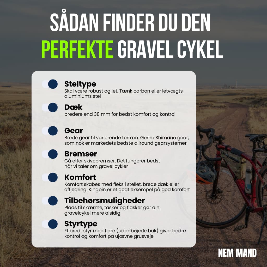 Infografik over de bedste tips til at finde en god gravel cykel til prisen. Det er bl.a. et godt stel, brede dæk og god komfort ift. de forskellige veje man møder
