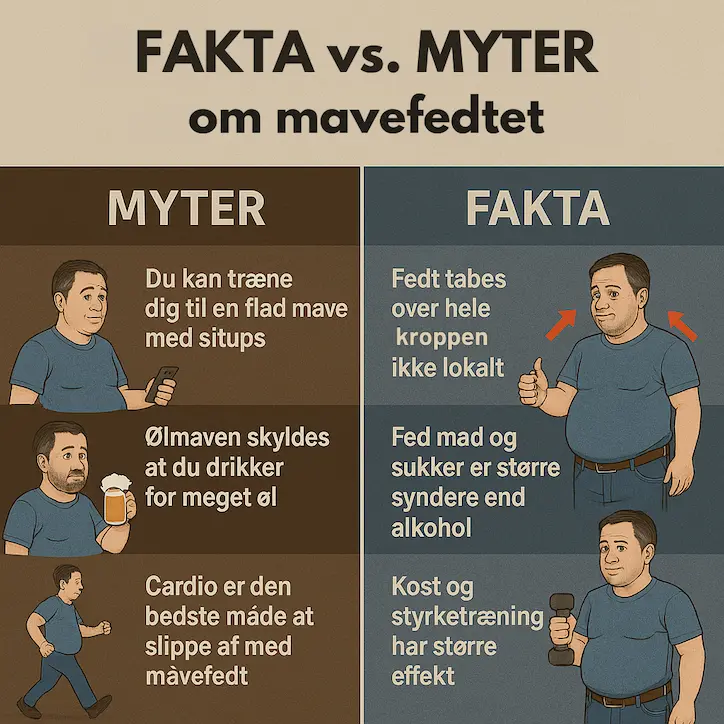 Infografik over fakta vs myter om mavefedtet hos mænd