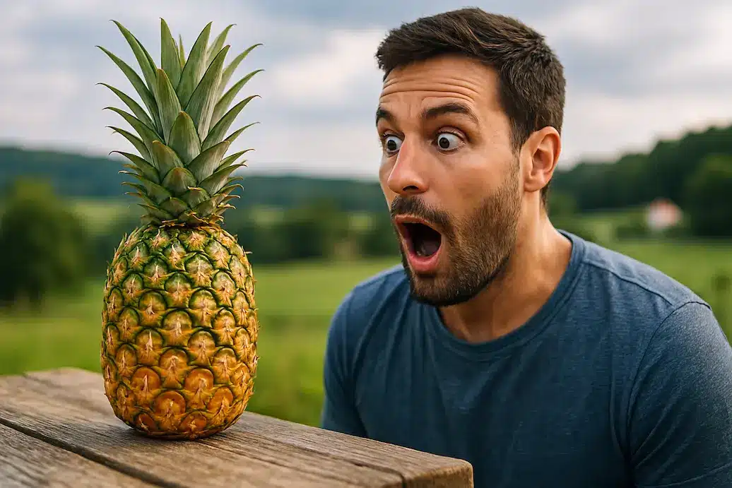 Thumbnail mand kigger på ananas og ser overrasket ud over dens fordele