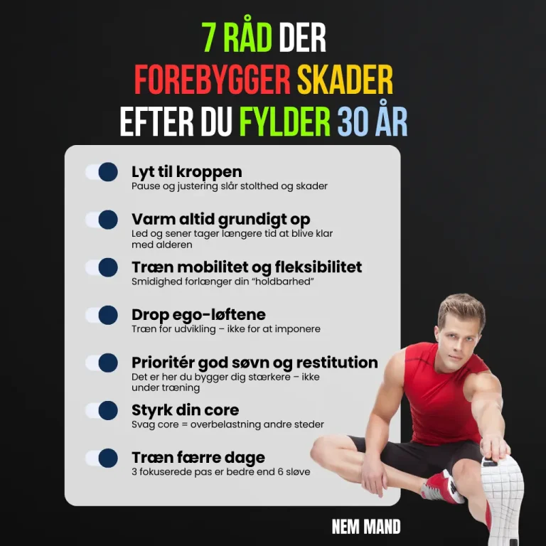 Infografik over 7 råd til, hvordan man forebygger sakder efter man er fyldt 30 år. bl.a. at lytte til kroppen og ALTID varme op