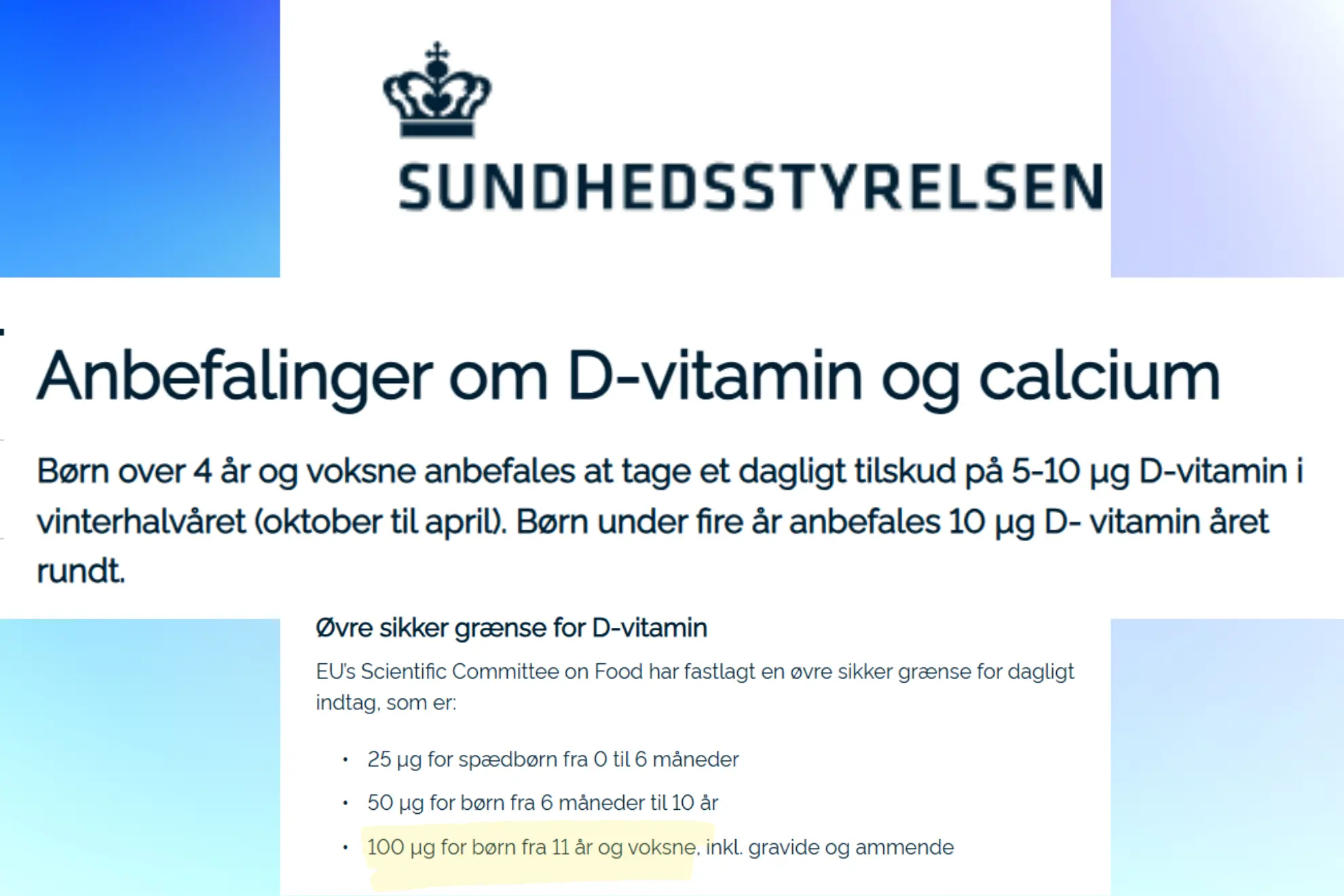 Screenshots fra sundhedsstyrelsens hjemmeside, som skriver om fordelene ved d-vitaimin