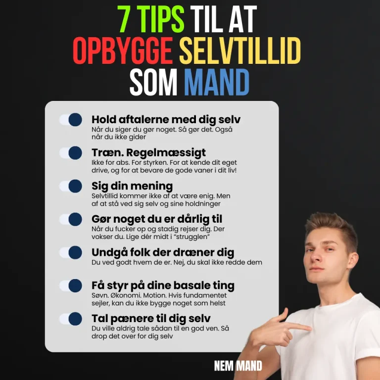 Infografik over 7 tips at opbygge selvtillid som mand