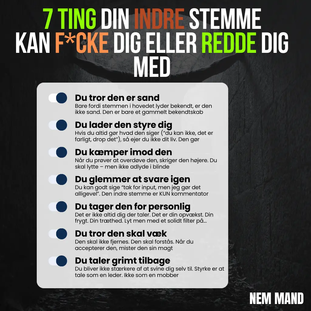 Infografik over 7 ting ens indre stemme kan ødelægge for en eller redde en med. Bl.a. at man tro stemmen er sand eller at man tror den skal gå væk