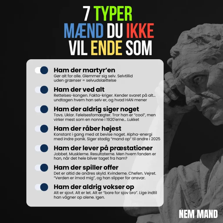 Infografik over 7 typer af mænd man ikke vil ende som. Bl.a. ham der aldrig siger noget