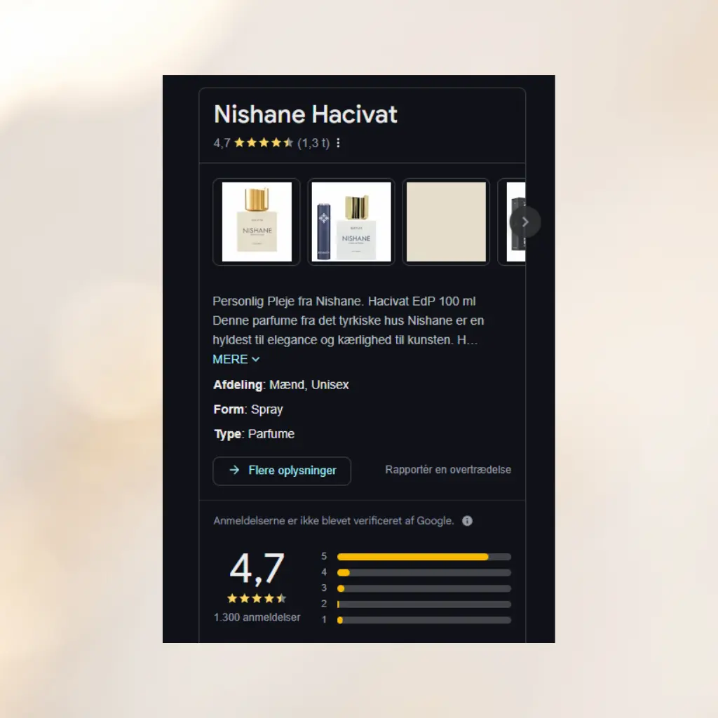 Billed der viser brugernes anmeldelse på google review af parfumen Nishane Hacivat EDP