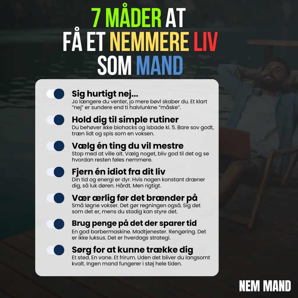 Infografik over 7 måder at få et nemmere liv som mand. Bl.a. at tilvælge kvalitet frem dårlige produkter