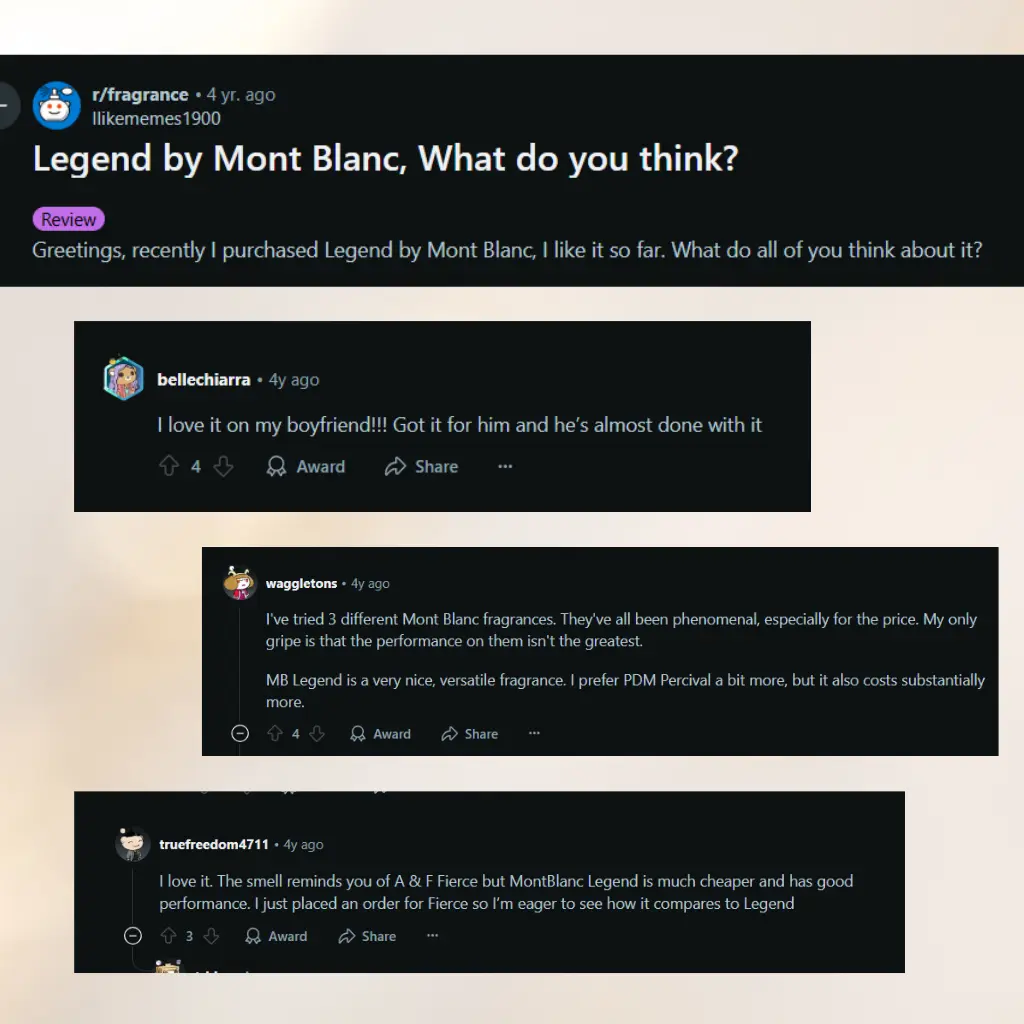 Billede af folks anmeldelse af parfumen Mont Blanc Legend EDT, på reddit hvor de giver feedback på parfumen