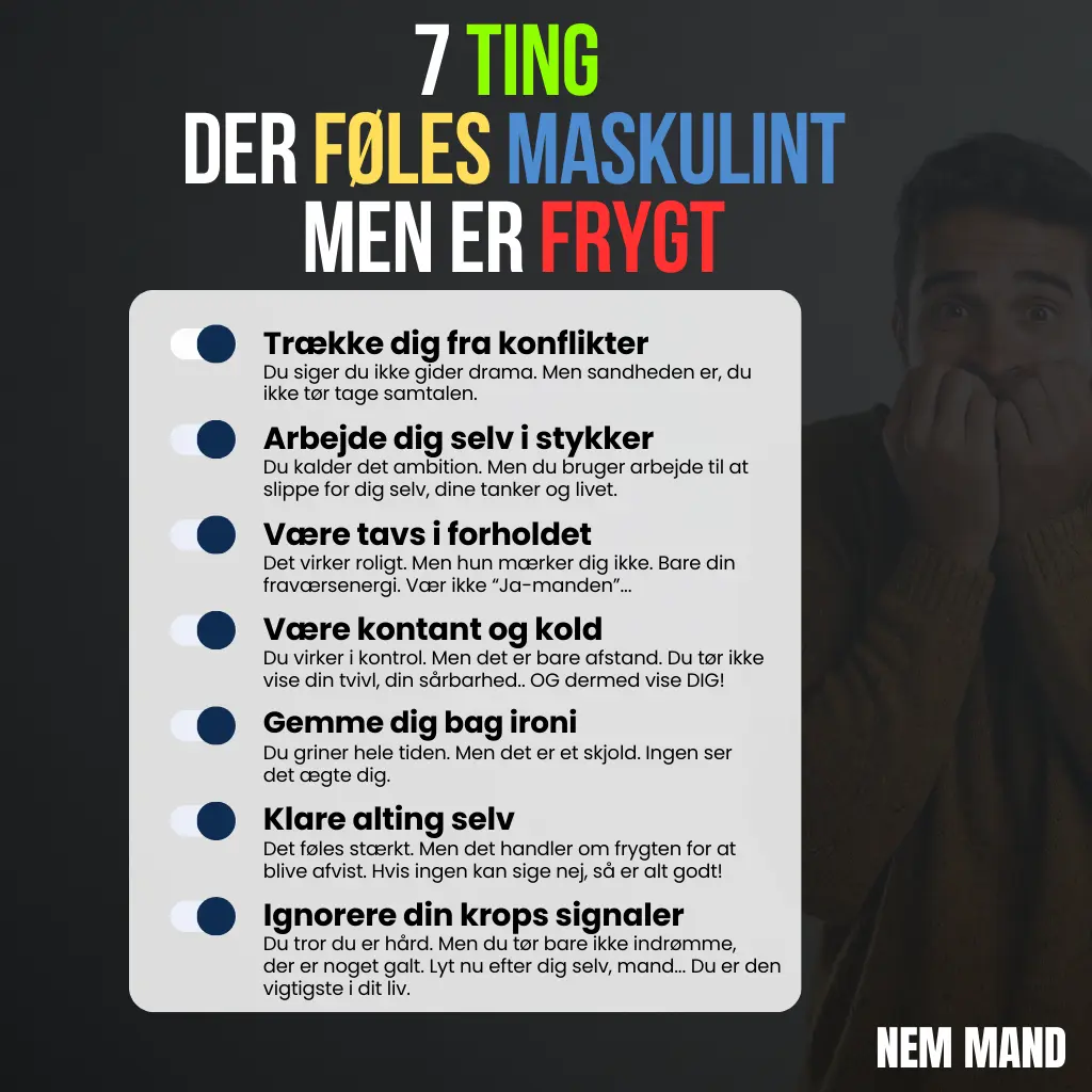 Infografik over 7 ting der føles maskuline, men som i virkeligheden er en frygt. Det er bl.a. at trække sig fra konflikter eller at gemme sig bag ironi
