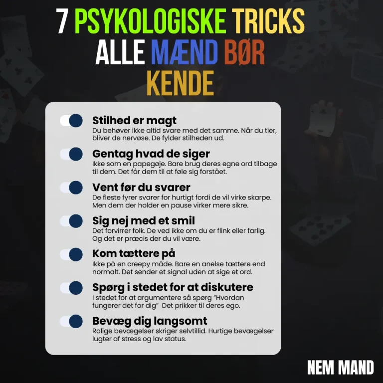 Infografik over 7 psykologiske tricks alle mænd bør kende til. BL.a. at man skal droppe jagten og give plads til pauser til sig selv