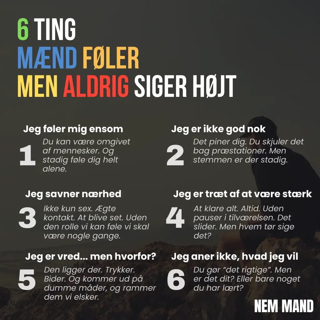 Infografik over 6 ting mænd føler men aldrig siger højt. Bl.a. at de er ensomme, eller at man føler sig ikke god nok