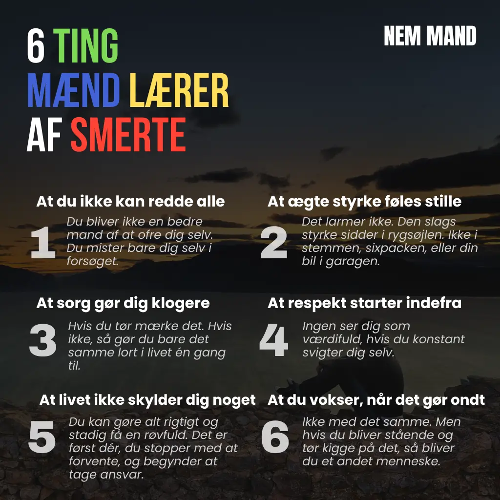 Infografik over 6 ting mænd lærer af smerte. Bl.a. at man ikke kan redde alle, og at respekt starter indefra