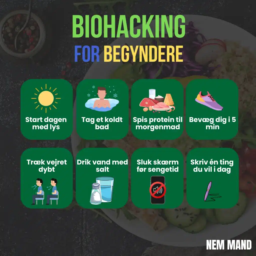 Infografik over biohacking for begyndere. Det er bl.a. at få sol og bevæge sig i 5 min af og til