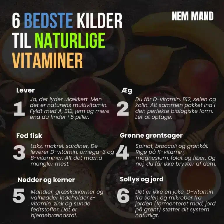Infografik over 6 af de bedst naturlige kilder til vitaminer. Bl.a. lever og æg