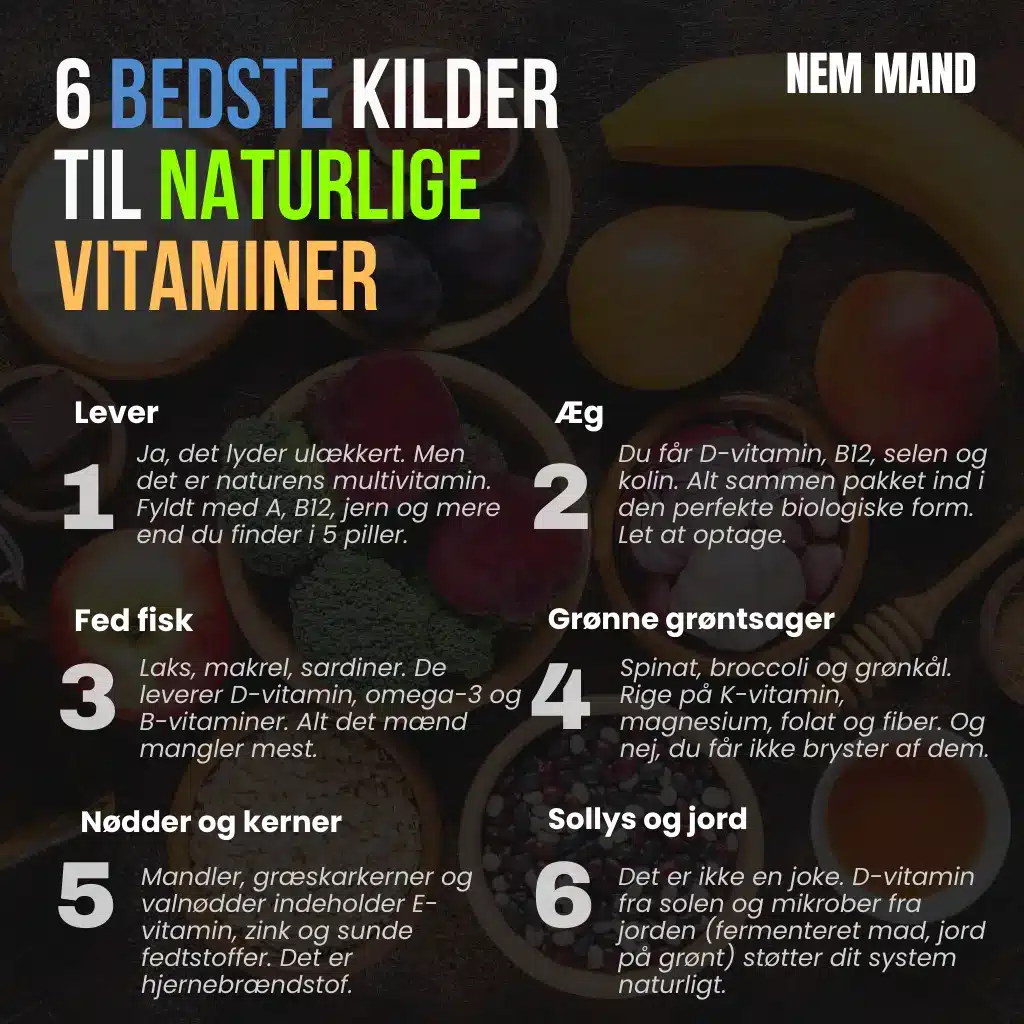 Infografik over 6 af de bedst naturlige kilder til vitaminer. Bl.a. lever og æg