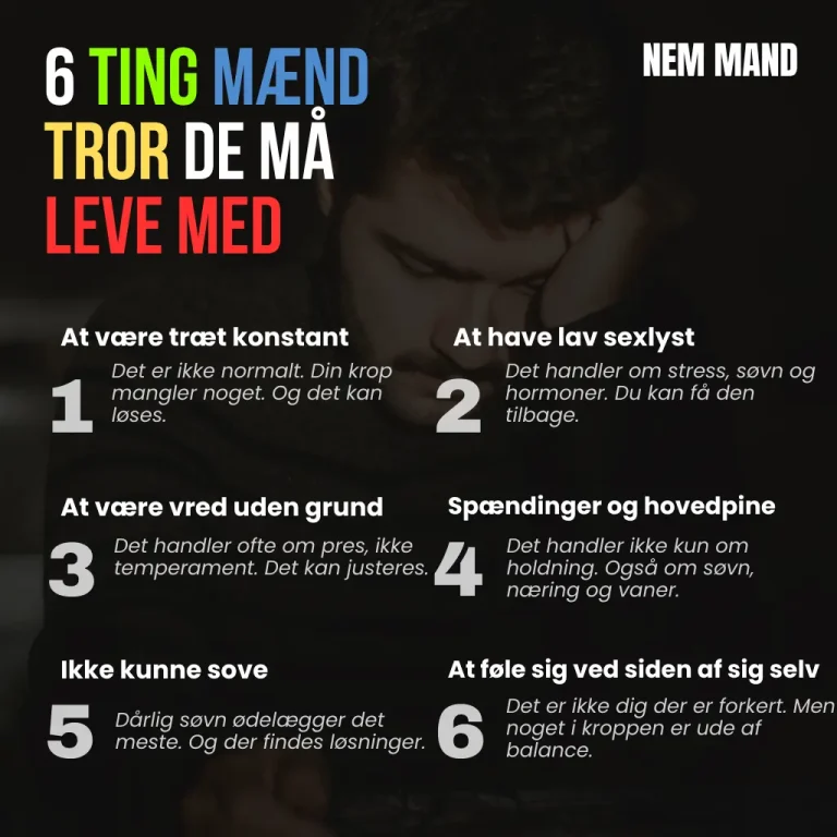 Infografik over 6 ting mænd tror de må leve med. F.eks. at være træt konstant og ikke at kunne sove