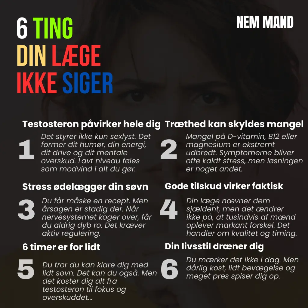 Infografik om 6 ting ens læge ikke siger til en. bl.a. at testosteron påvirker hele ens liv