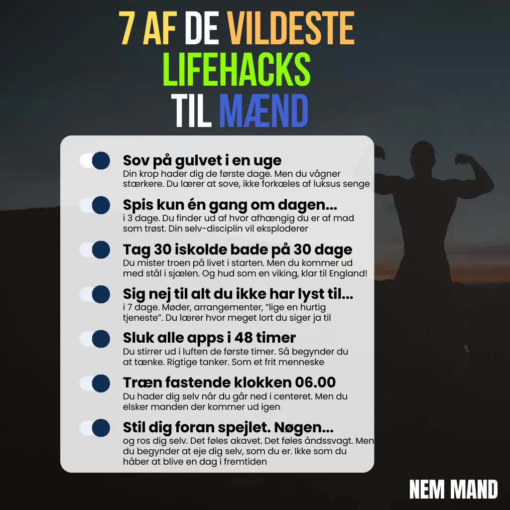 Infografik over 7 af de vildeste lifehacks til mænd alt at sove på gulvet til iskolde isbade