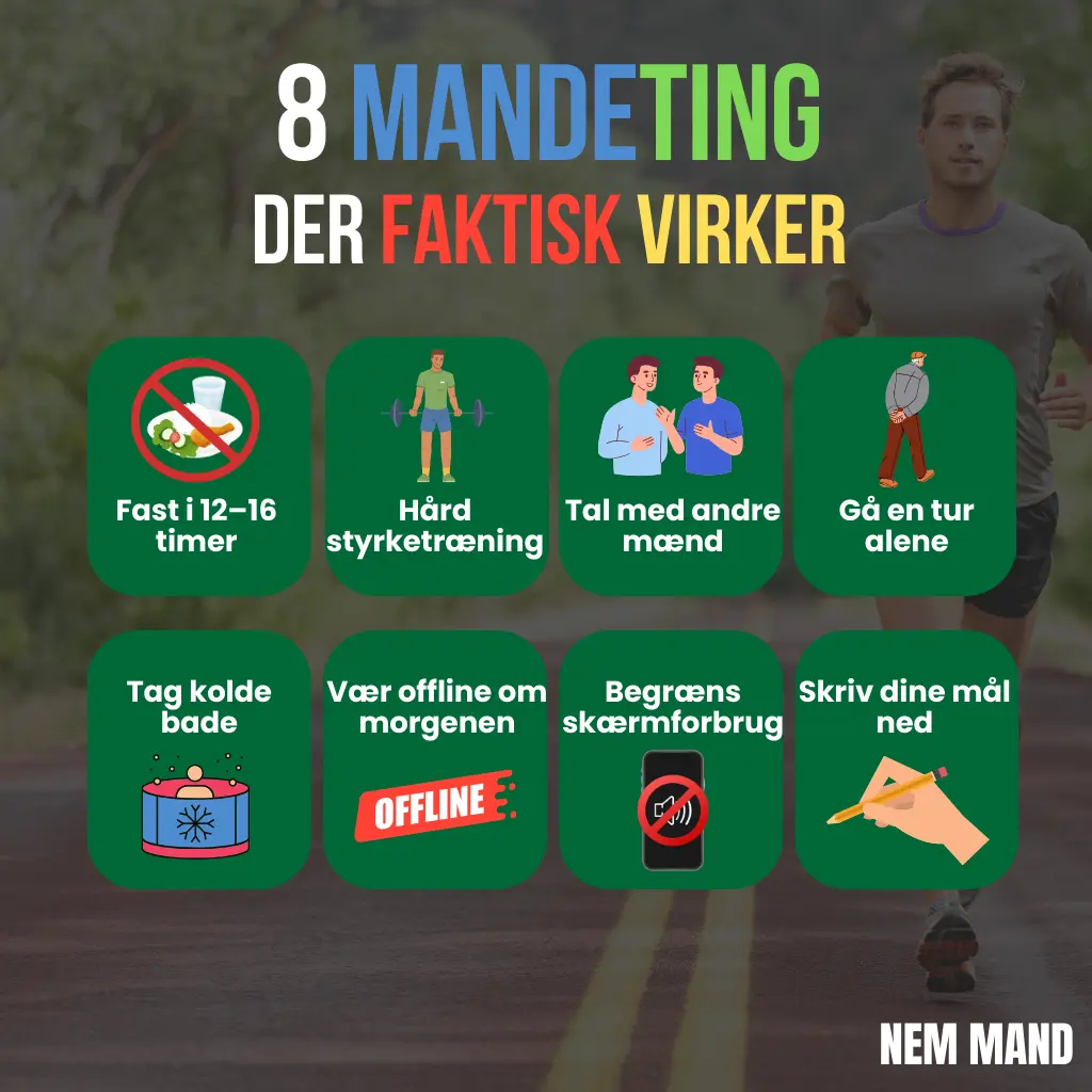 Infografik over 8 mandelige ting der rent faktisk virker. Bl.a. tung styrketræning, fastning og alene tid