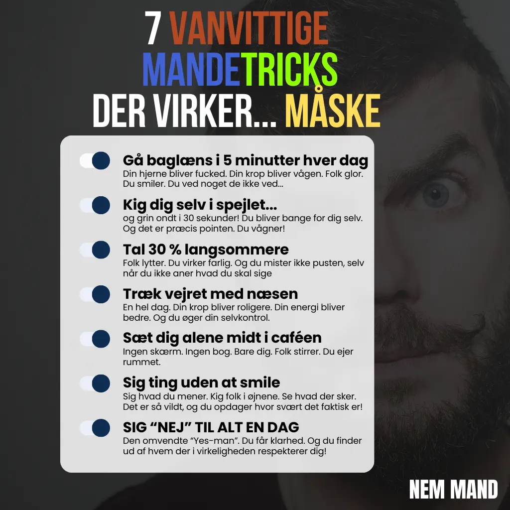 Infografik over 7 mandeting og tricks der faktisk virker, måske. Bl.a. at gå baglæns i 5 minutter hver dag