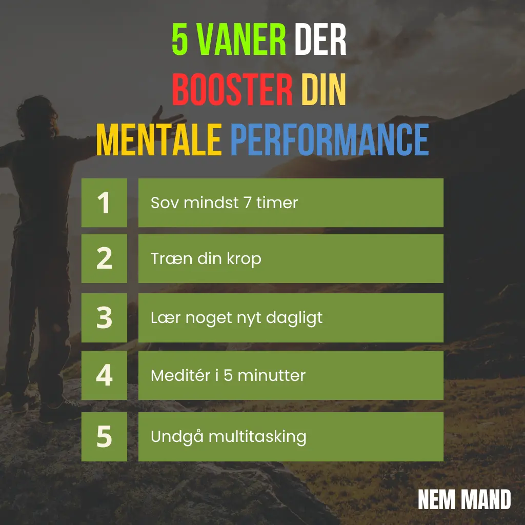 Infografik over 5 vaner der booster ens performance i hverdagen