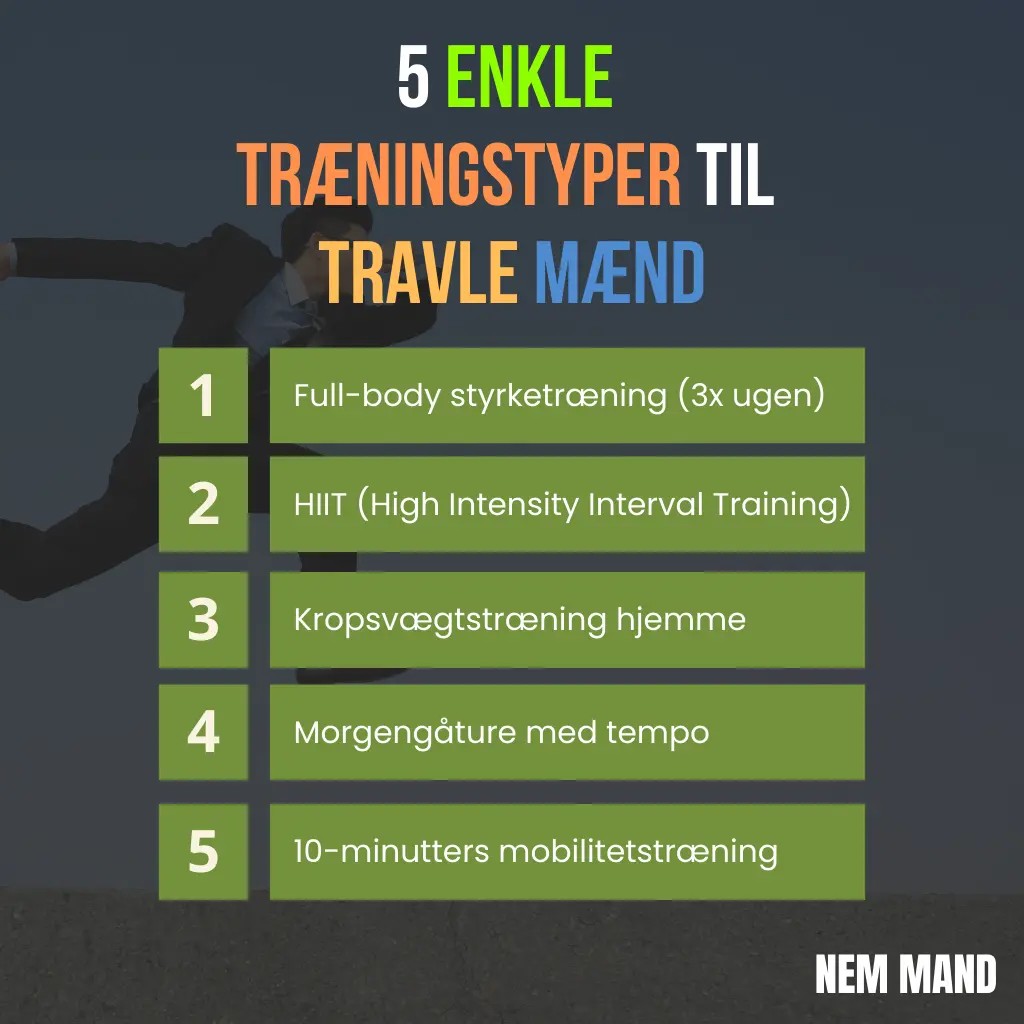 Infografik over 5 enkle træningstyper til den travle mand. Det er bl.a. HIIT træning og morgengåture med tempo på