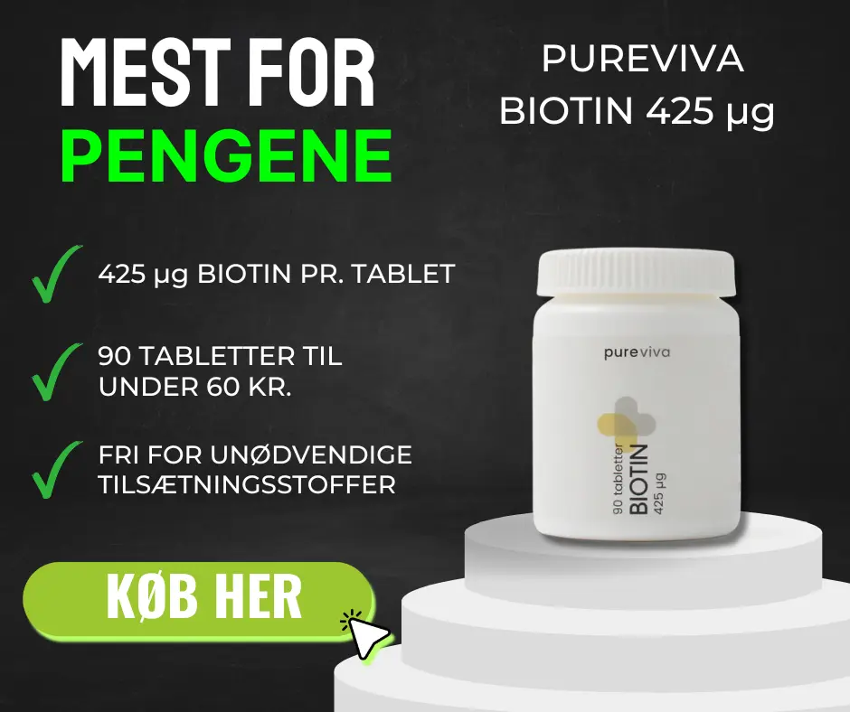 Infografik over den biotin som leverer mest for pengene. Man får 90 kapsler til under 60 kr.-