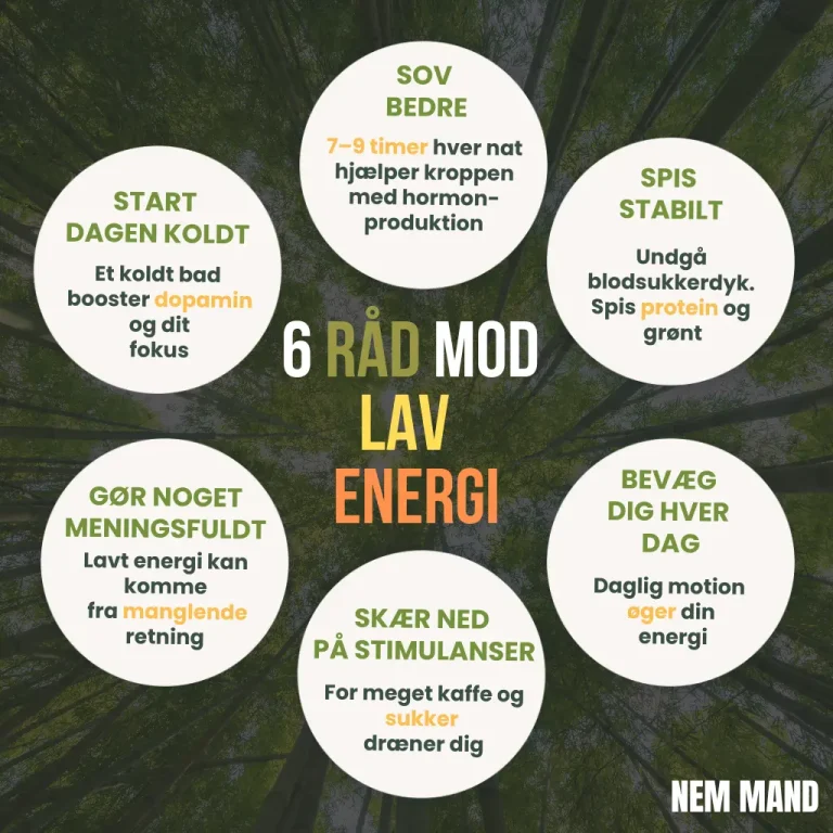Infografik over 6 råd mod lav energi hos mænd