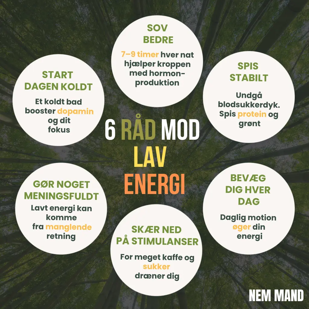 Infografik over 6 råd mod lav energi, bl.a. sov bedre, spis stabil og bevæg dig hver dag