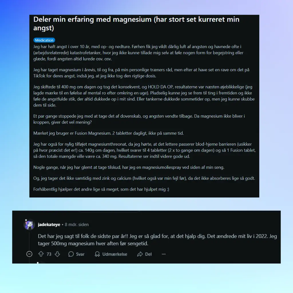 Infografik over et udpluk af brugere fra reddits debat om magnesium tilskud til mænd o hvordan det her virket for dem i en længere periode