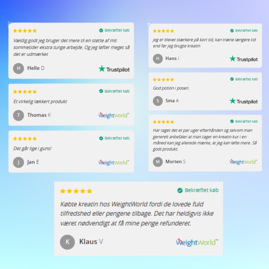Infografik over brugerenes bedømmelse af produkterne, her ses en masse anmeldelser fra bl.a. trustpilot som har ratet 5/5