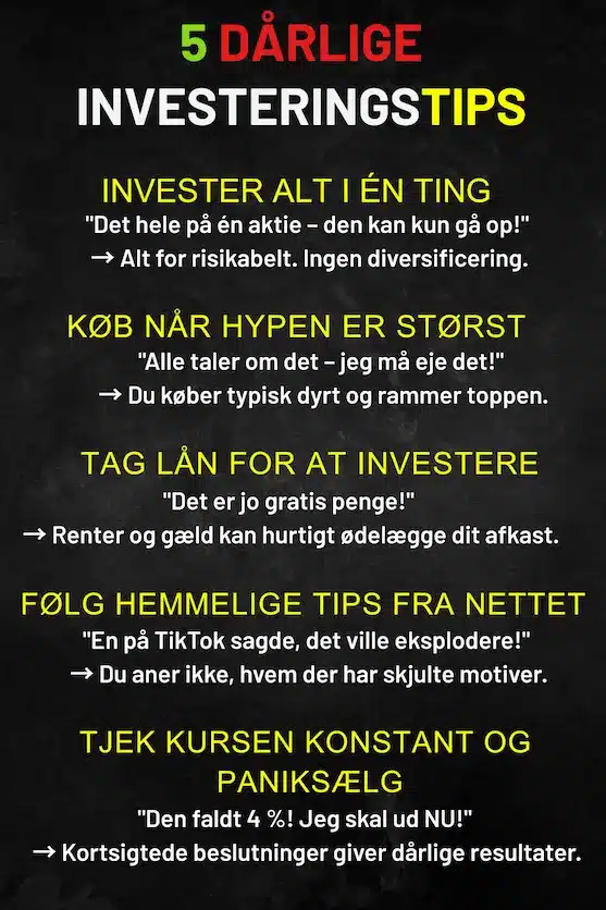 Infografik over 5 af de dårligste investeringstips, som man kan bruge som inspiration til hvad man IKKE skal gøre