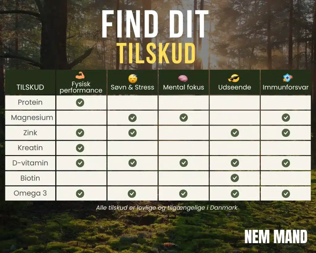 Infografi over hvilke kosttilskud der passer til en. Så er der rækker med det man ønsker at forbedre som f.eks. styrke, søvn eller immunforsvar, og så hvilket tilskud man bør tage f.eks. protein, zink og magnesium