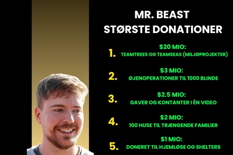Infografik over mr. beast største donationer med bl.a. 20 mio $ til miljøorganisationer