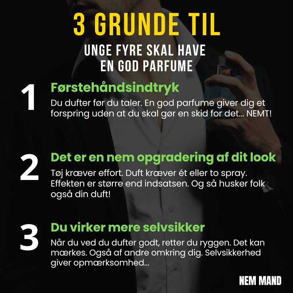 Infografik hvor læseren får 3 gode grunde til at unge skal have en god parfume. Bl.a. at det giver et godt førstehåndsintryk, man får mere selvtillid og at det er en nem opgradering af ens look
