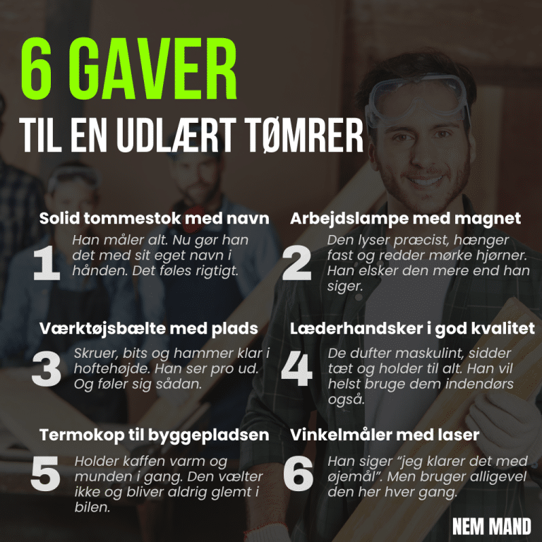 Infografik med 6 gaveidéer til en nyudlært tømrer, blandt andet tommestok med navn, arbejdstaske