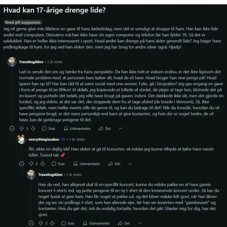 Forumtråd med forslag til gaver til 17 årige drenge.