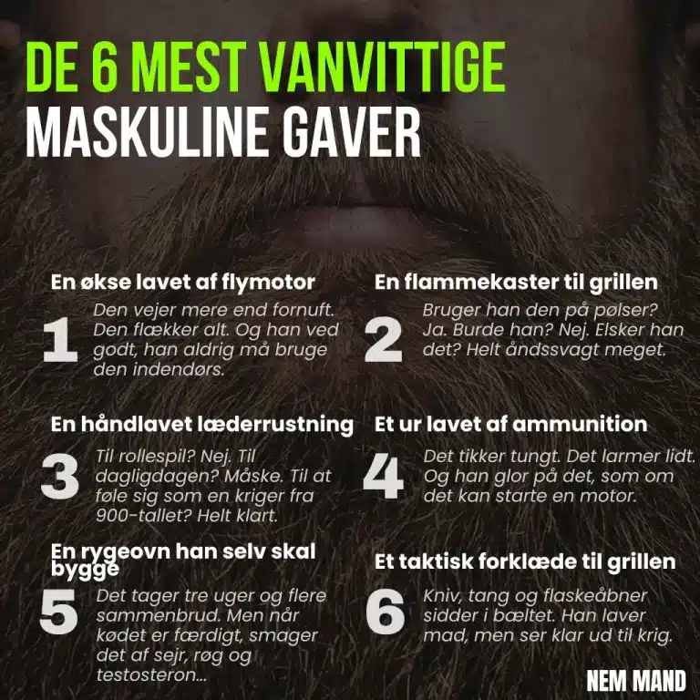 Infografik med 6 ekstreme gaveidéer til mænd, blandt andet økse lavet af flymotor, grilludstyr og