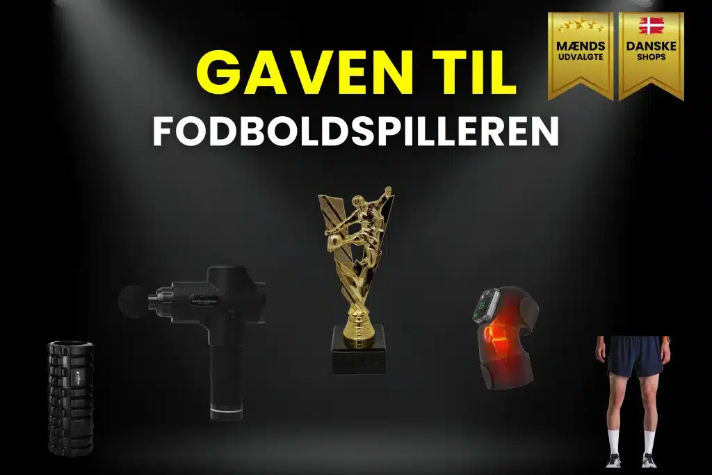 Gave til fodboldspilleren som billeder. Bl.a. massagepistol, fodboldpokaler, ressitution til knæ, massafgeruller og mere