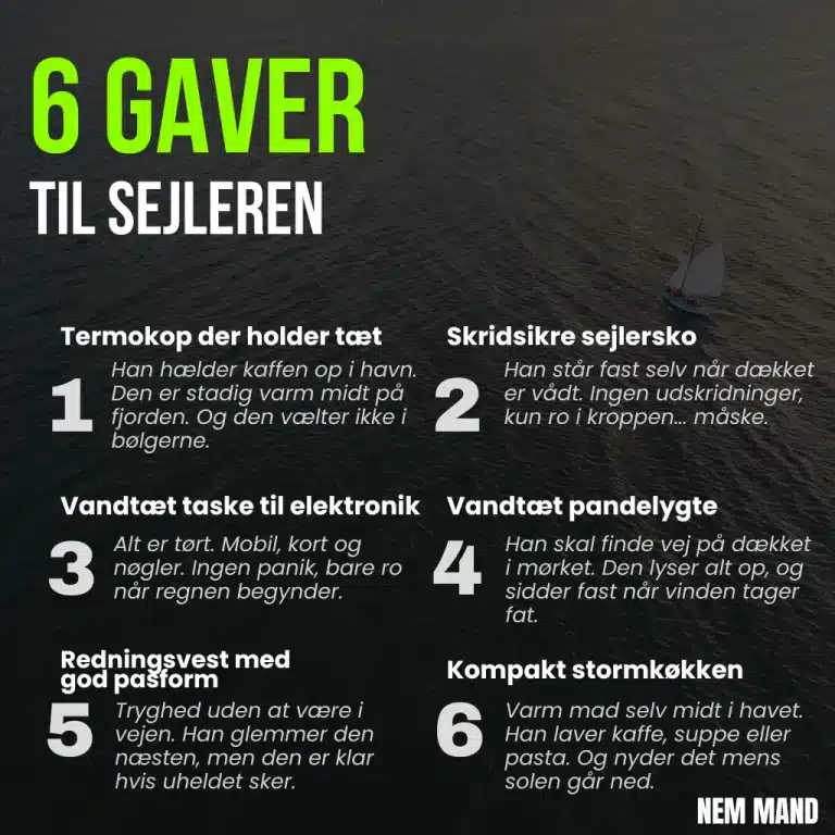 Infografik med seks gode gaver til sejleren, blandt andet termokop, skridsikre sko og vandtæt taske