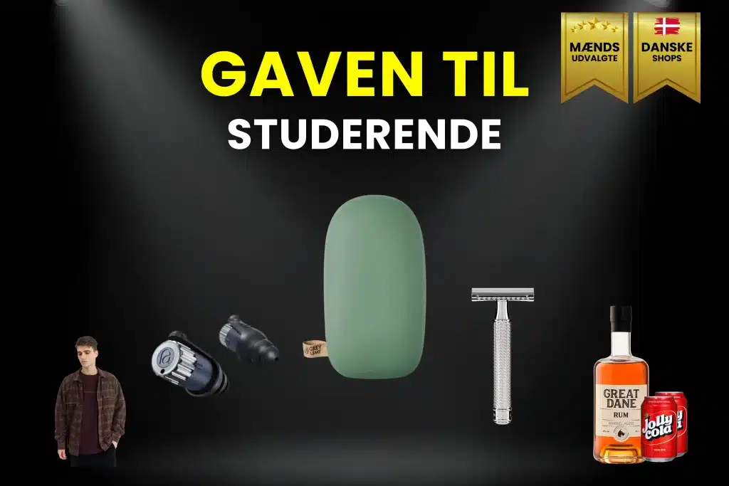 Billede af gave til den studerende. Det er bl.a. powerbanks, barberskrabere, ørepropper til koncert, rom og cola osv.