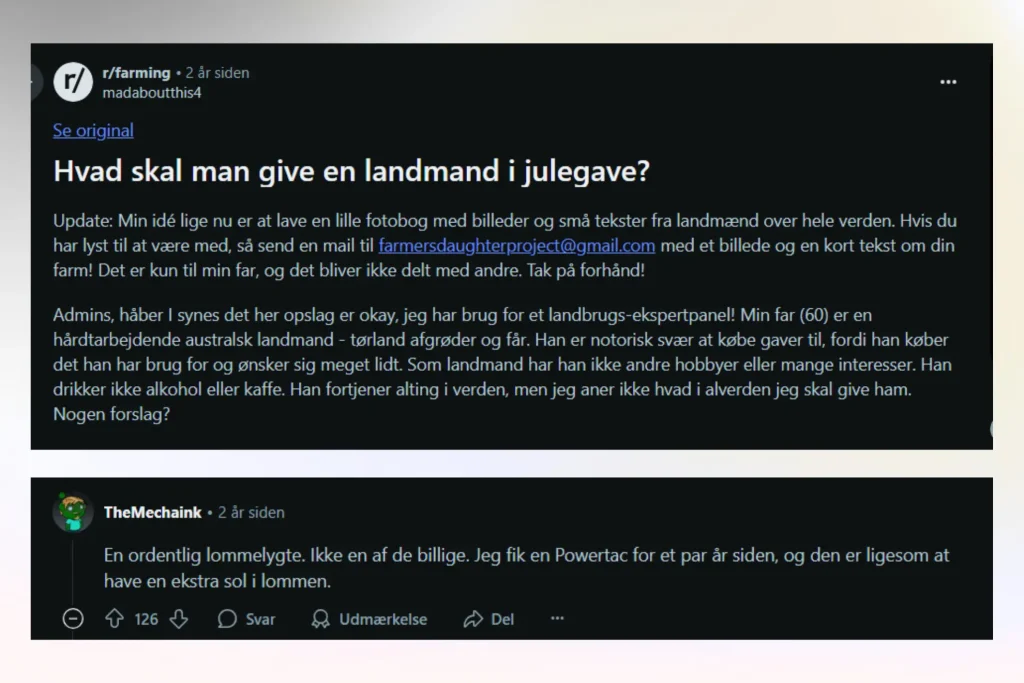 Skærmbillede fra Reddit med gaveideer til landmænd i forskellige aldre.