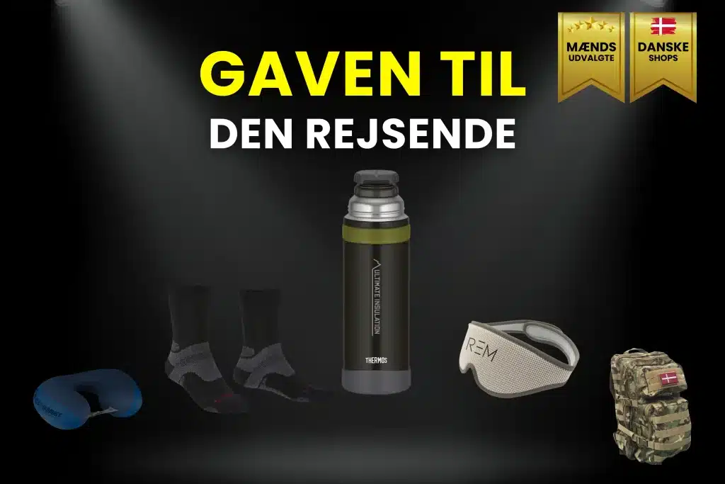 Billede af de bedste gaverideer til den rejsende. Det er bl.a. en god termoflaske, god taske, gode sokker osv.